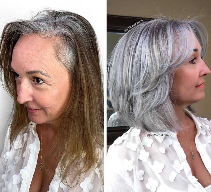 Как промелировать седые волосы фото до и после